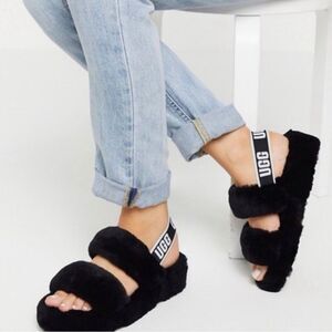 Ugg Fluff Slide Sandals BLACK Belted Ankle Slippers Sz 6